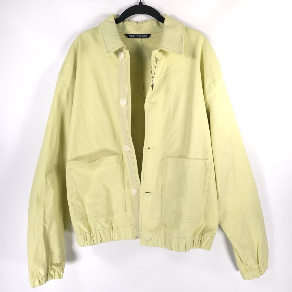 ZARA NWOT Men Shirt Jacket MEDIUM Elastic Hem Denim Cotton Yellow Green 0706/301
